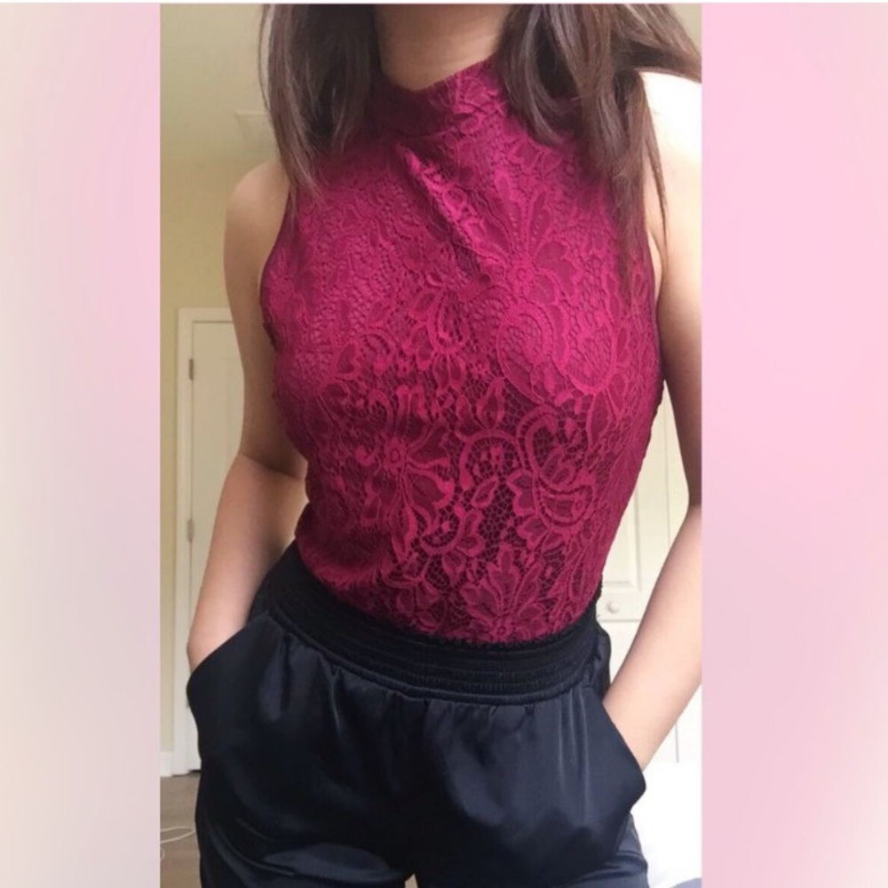 maroon lace body suit with a see-through back